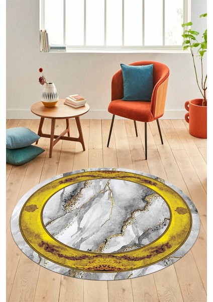 Baskılı Kaymaz Yıkanabilir Çerçeveli Mermer Desenli Yuvarlak Mutfak Salon Halısı, Y-Mermer-03-Gold,