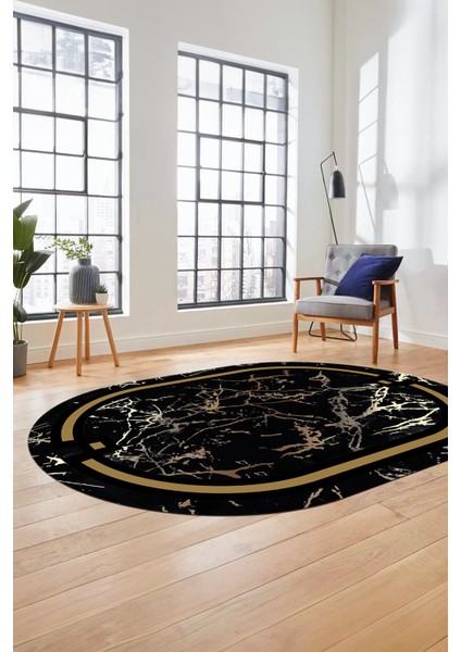 Baskılı Kaymaz Yıkanabilir Zarif Mermer Desenli Oval Mutfak Yolluk Salon Halısı, O-Mermer-07-Siyah,