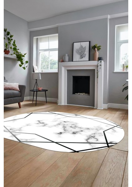 Modern Mermer Desen Dijital Kaymaz Yıkanabilir Oval Yolluk Koridor Salon Halısı, O-Mermer-15-Gümüş,