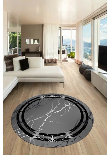 Baskılı Kaymaz Yıkanabilir Mermer Desen Modern Yuvarlak Mutfak Salon Halısı, Y-Mermer-08-Antrasit,