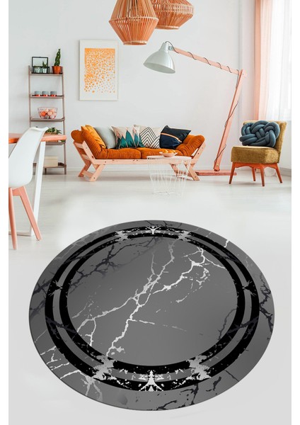 Baskılı Kaymaz Yıkanabilir Mermer Desen Modern Yuvarlak Mutfak Salon Halısı, Y-Mermer-08-Antrasit, modelleri