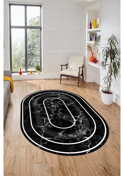 Zarif Mermer Desenli Dijital Kaymaz Yıkanabilir Oval Yolluk Koridor Salon Halısı, O-Mermer-16-Siyah, fırsatları