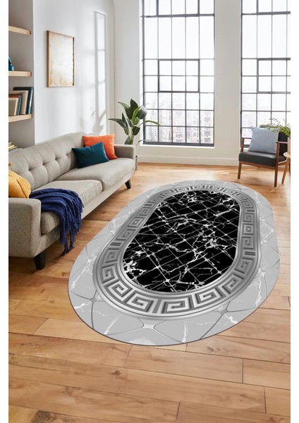 Çerçeveli Mermer Desen Dijital Kaymaz Yıkanabilir Oval Yolluk Salon Halısı, O-Mermer-18-Gri,
