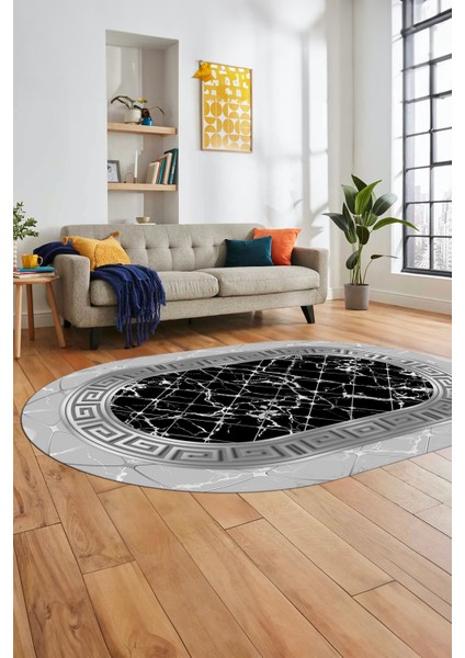 Çerçeveli Mermer Desen Dijital Kaymaz Yıkanabilir Oval Yolluk Salon Halısı, O-Mermer-18-Gri, fiyatları