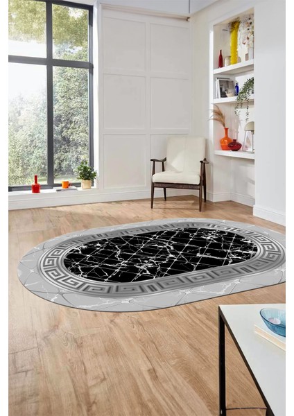 Çerçeveli Mermer Desen Dijital Kaymaz Yıkanabilir Oval Yolluk Salon Halısı, O-Mermer-18-Gri, fırsatları