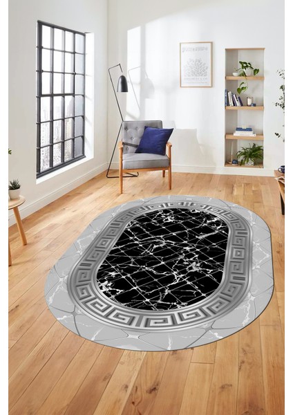 Çerçeveli Mermer Desen Dijital Kaymaz Yıkanabilir Oval Yolluk Salon Halısı, O-Mermer-18-Gri, indirimleri