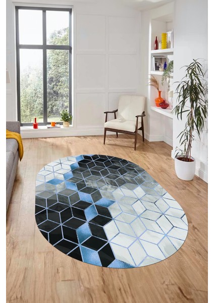Mozaik Mermer Desen Dijital Kaymaz Yıkanabilir Oval Yolluk Salon Halısı, O-Mermer-19-Mavi, modelleri