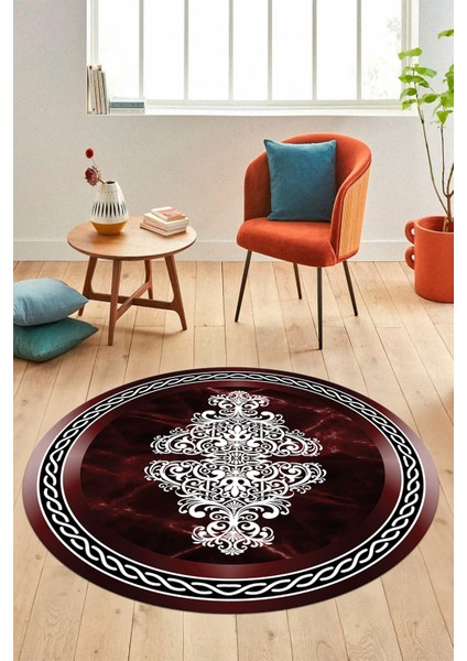 Baskılı Kaymaz Yıkanabilir Klasik Mermer Desen Yuvarlak Mutfak Salon Halısı, Y-Mermer-09-Bordo,