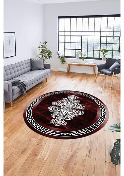 Baskılı Kaymaz Yıkanabilir Klasik Mermer Desen Yuvarlak Mutfak Salon Halısı, Y-Mermer-09-Bordo, modelleri