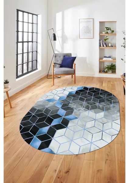 Mozaik Mermer Desen Dijital Kaymaz Yıkanabilir Oval Yolluk Salon Halısı, O-Mermer-19-Mavi, indirimleri