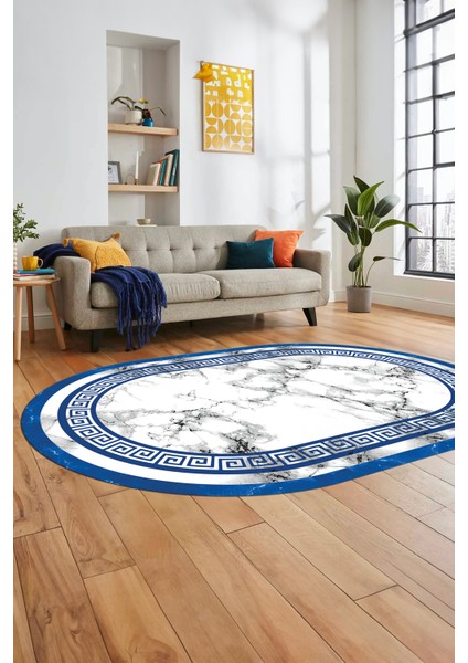 Mermer Desen Kaymaz Yıkanabilir Oval Yolluk Mutfak Koridor Salon Halısı, O-Mermer-21-Mavi,