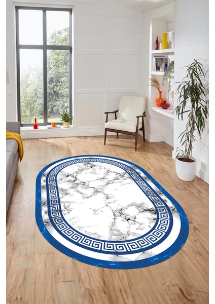 Mermer Desen Kaymaz Yıkanabilir Oval Yolluk Mutfak Koridor Salon Halısı, O-Mermer-21-Mavi,