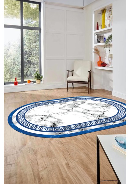 Mermer Desen Kaymaz Yıkanabilir Oval Yolluk Mutfak Koridor Salon Halısı, O-Mermer-21-Mavi,