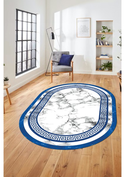 Mermer Desen Kaymaz Yıkanabilir Oval Yolluk Mutfak Koridor Salon Halısı, O-Mermer-21-Mavi,