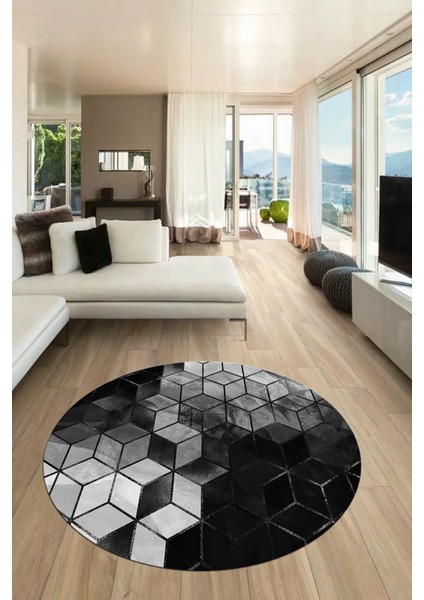 Mozaik Mermer Desen Dijital Kaymaz Yıkanabilir Yuvarlak Mutfak Salon Halısı, Y-Mermer-19-Antrasit,