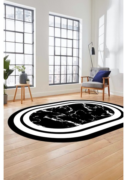Baskılı Kaymaz Yıkanabilir Şık Mermer Desenli Oval Mutfak Yolluk Salon Halısı, O-Mermer-06-Siyah,