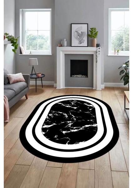 Baskılı Kaymaz Yıkanabilir Şık Mermer Desenli Oval Mutfak Yolluk Salon Halısı, O-Mermer-06-Siyah,