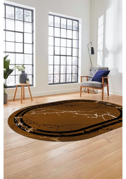 Baskılı Kaymaz Yıkanabilir Mermer Desen Modern Oval Mutfak Yolluk Salon Halısı, O-Mermer-08-Kahve,