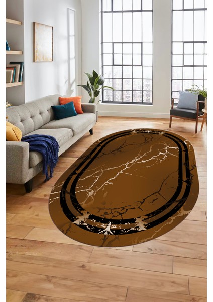 Baskılı Kaymaz Yıkanabilir Mermer Desen Modern Oval Mutfak Yolluk Salon Halısı, O-Mermer-08-Kahve,