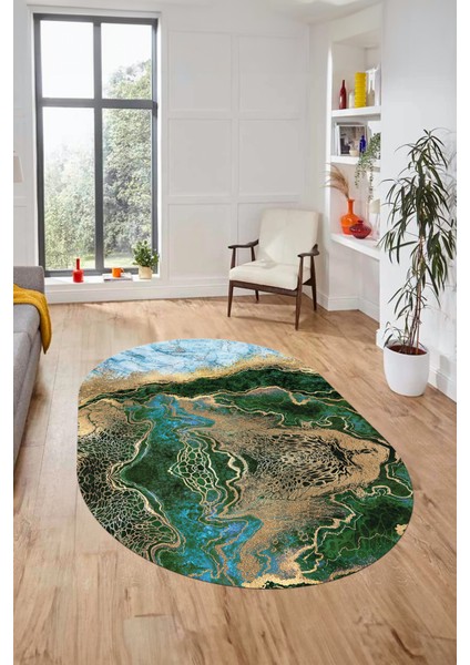 Modern Mermer Desen Kaymaz Yıkanabilir Oval Yolluk Mutfak Koridor Salon Halısı, O-Mermer-25-Yeşil,