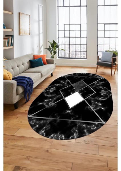 Mermer Desenli Dijital Kaymaz Yıkanabilir Oval Yolluk Koridor Salon Halısı, O-Mermer-20-Siyah,