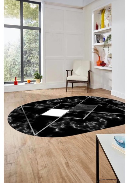 Mermer Desenli Dijital Kaymaz Yıkanabilir Oval Yolluk Koridor Salon Halısı, O-Mermer-20-Siyah, fırsatları