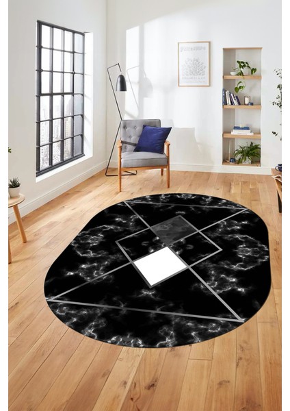 Mermer Desenli Dijital Kaymaz Yıkanabilir Oval Yolluk Koridor Salon Halısı, O-Mermer-20-Siyah, indirimleri