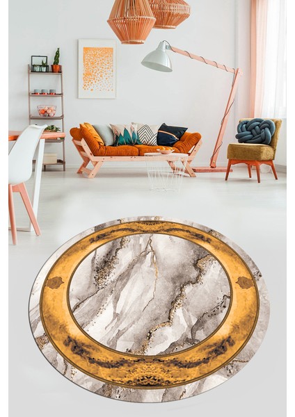 Baskılı Kaymaz Yıkanabilir Çerçeveli Mermer Desenli Yuvarlak Mutfak Salon Halısı, Y-Mermer-03-Kahve,