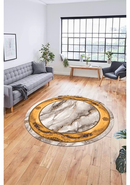 Baskılı Kaymaz Yıkanabilir Çerçeveli Mermer Desenli Yuvarlak Mutfak Salon Halısı, Y-Mermer-03-Kahve,