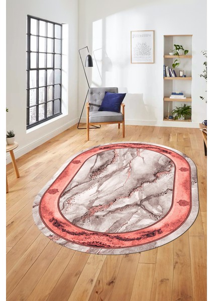 Baskılı Kaymaz Yıkanabilir Çerçeve Mermer Desen Oval Mutfak Yolluk Salon Halısı, O-Mermer-03-Pembe,