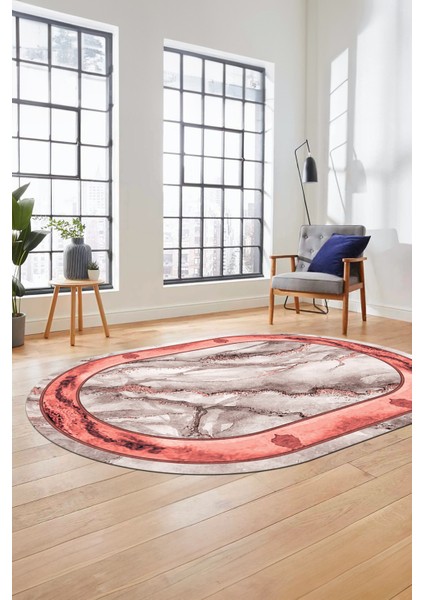 Baskılı Kaymaz Yıkanabilir Çerçeve Mermer Desen Oval Mutfak Yolluk Salon Halısı, O-Mermer-03-Pembe,