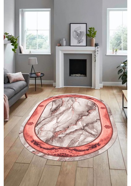 Baskılı Kaymaz Yıkanabilir Çerçeve Mermer Desen Oval Mutfak Yolluk Salon Halısı, O-Mermer-03-Pembe,