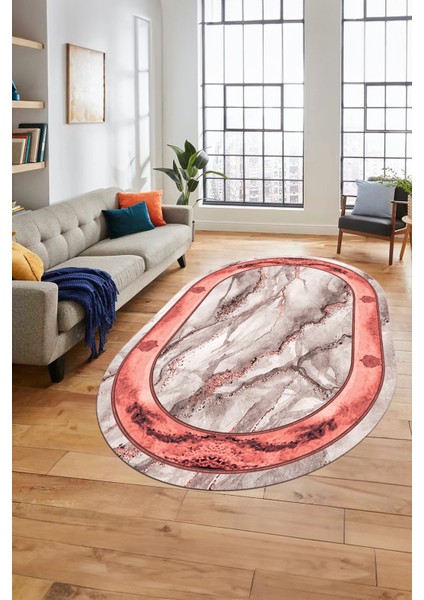 Baskılı Kaymaz Yıkanabilir Çerçeve Mermer Desen Oval Mutfak Yolluk Salon Halısı, O-Mermer-03-Pembe,