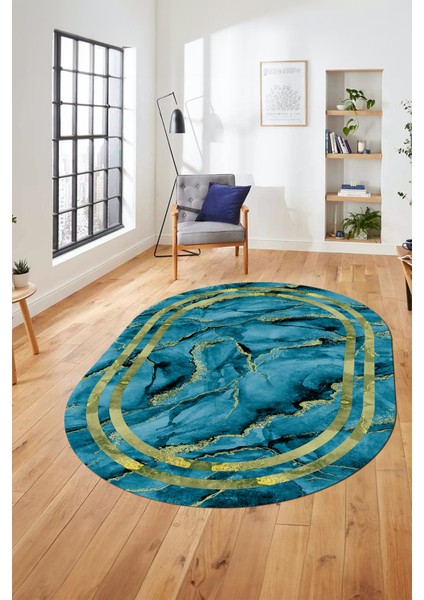 Baskılı Kaymaz Yıkanabilir Çerçeve Mermer Desen Oval Mutfak Yolluk Salon Halısı, O-Mermer-04-Mavi,