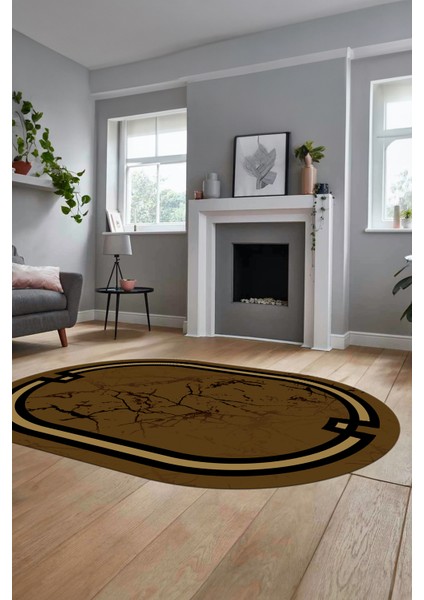 Baskılı Kaymaz Yıkanabilir Zarif Mermer Desenli Oval Mutfak Yolluk Salon Halısı, O-Mermer-07-Kahve, modelleri
