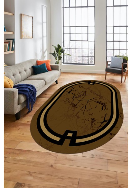 Baskılı Kaymaz Yıkanabilir Zarif Mermer Desenli Oval Mutfak Yolluk Salon Halısı, O-Mermer-07-Kahve, fırsatları