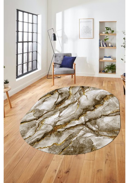 Baskılı Kaymaz Yıkanabilir Mermer Desenli Oval Mutfak Yolluk Salon Halısı, O-Mermer-02-Kahve,