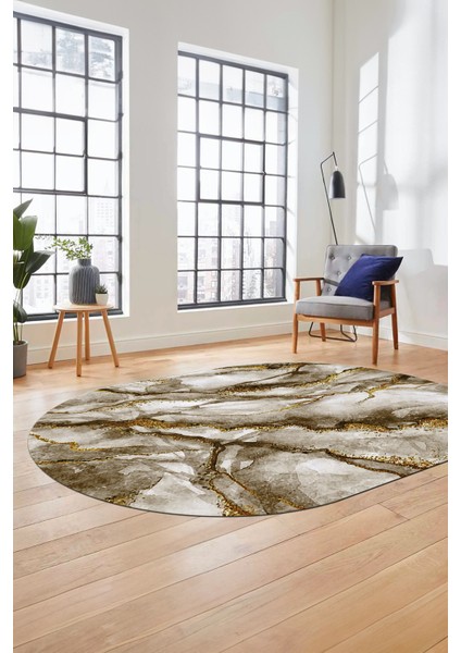 Baskılı Kaymaz Yıkanabilir Mermer Desenli Oval Mutfak Yolluk Salon Halısı, O-Mermer-02-Kahve,