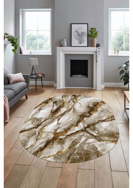 Baskılı Kaymaz Yıkanabilir Mermer Desenli Oval Mutfak Yolluk Salon Halısı, O-Mermer-02-Kahve,