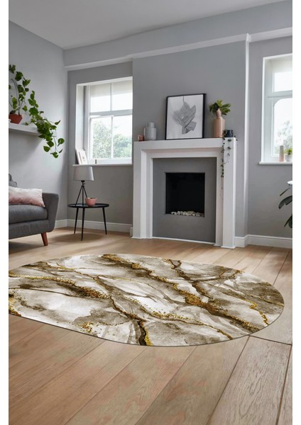 Baskılı Kaymaz Yıkanabilir Mermer Desenli Oval Mutfak Yolluk Salon Halısı, O-Mermer-02-Kahve,