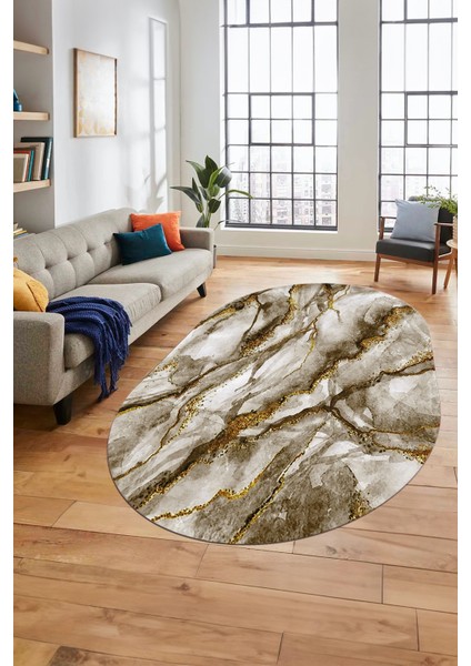 Baskılı Kaymaz Yıkanabilir Mermer Desenli Oval Mutfak Yolluk Salon Halısı, O-Mermer-02-Kahve,