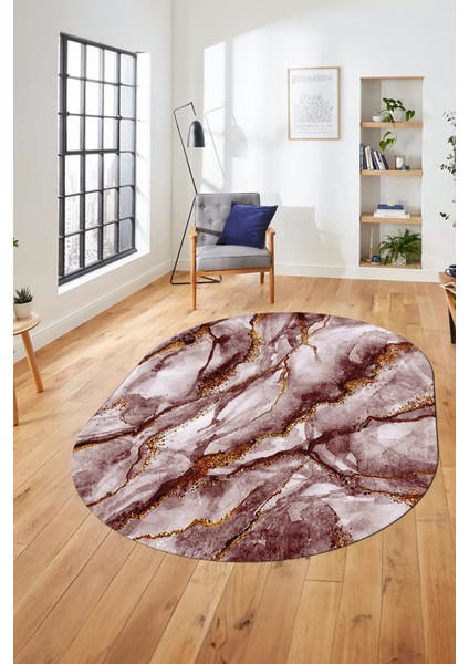 Baskılı Kaymaz Yıkanabilir Mermer Desenli Oval Mutfak Yolluk Salon Halısı, O-Mermer-02-Bordo,