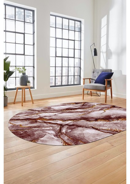 Baskılı Kaymaz Yıkanabilir Mermer Desenli Oval Mutfak Yolluk Salon Halısı, O-Mermer-02-Bordo,