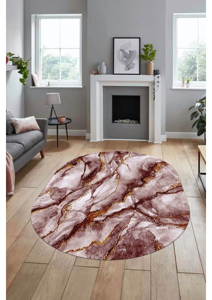 Baskılı Kaymaz Yıkanabilir Mermer Desenli Oval Mutfak Yolluk Salon Halısı, O-Mermer-02-Bordo,