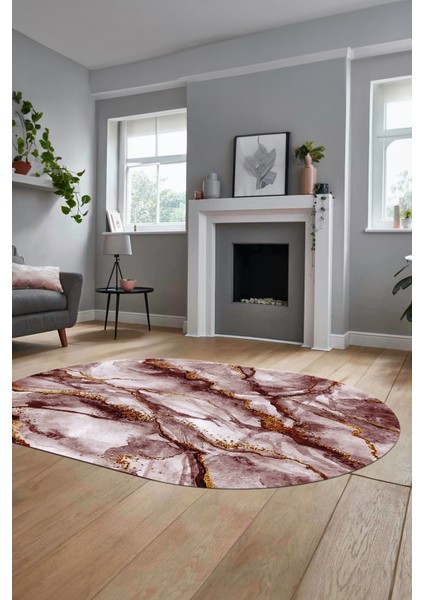 Baskılı Kaymaz Yıkanabilir Mermer Desenli Oval Mutfak Yolluk Salon Halısı, O-Mermer-02-Bordo,