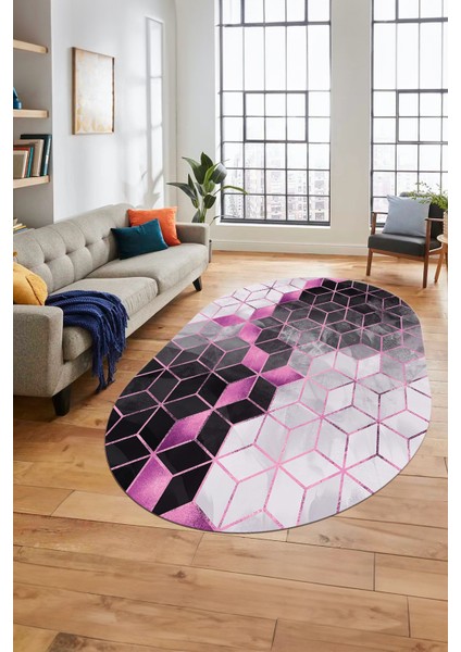 Mozaik Mermer Desen Dijital Kaymaz Yıkanabilir Oval Yolluk Salon Halısı, O-Mermer-19-Pembe,