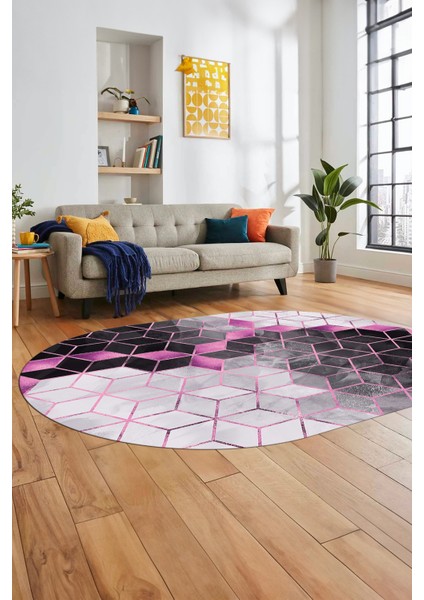 Mozaik Mermer Desen Dijital Kaymaz Yıkanabilir Oval Yolluk Salon Halısı, O-Mermer-19-Pembe,