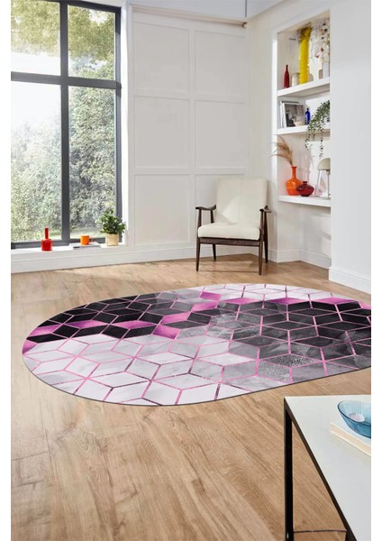 Mozaik Mermer Desen Dijital Kaymaz Yıkanabilir Oval Yolluk Salon Halısı, O-Mermer-19-Pembe,