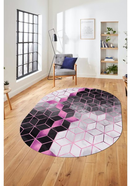 Mozaik Mermer Desen Dijital Kaymaz Yıkanabilir Oval Yolluk Salon Halısı, O-Mermer-19-Pembe,