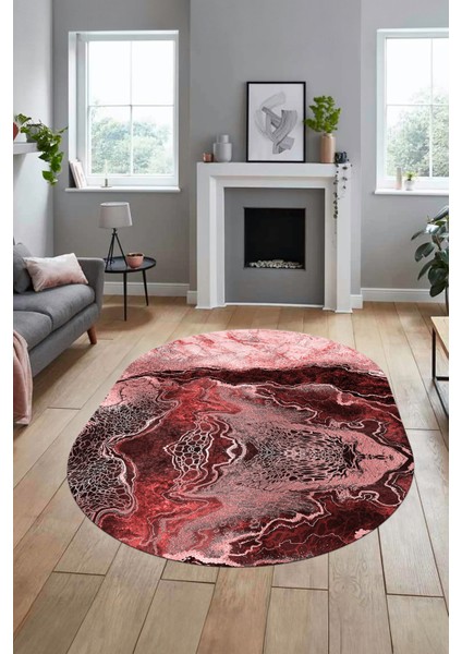 Modern Mermer Desen Kaymaz Yıkanabilir Oval Yolluk Mutfak Koridor Salon Halısı, O-Mermer-25-Bordo, indirimleri